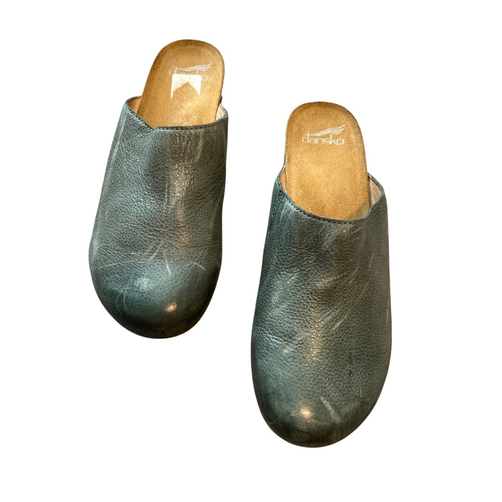 Dansko Womens Sage Green Leather Clogs Mules Wedge Shoes Size 40